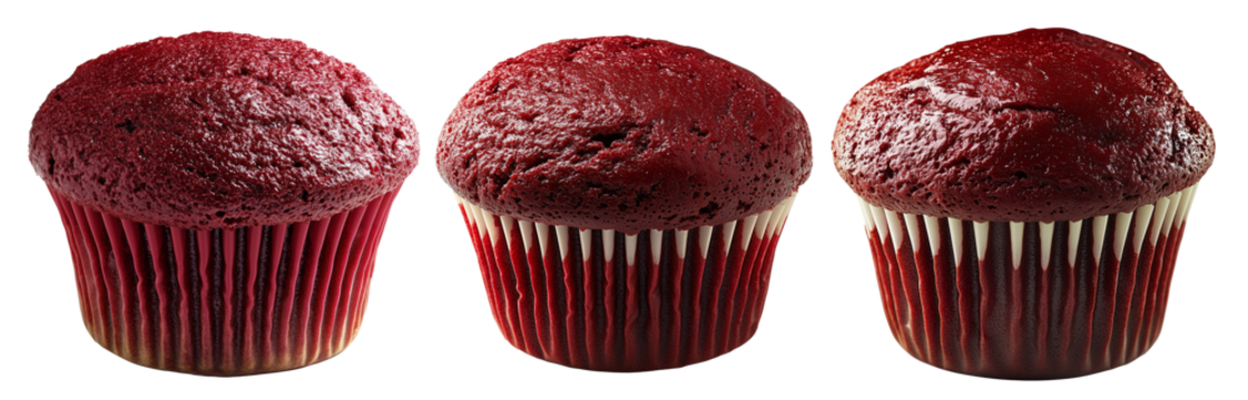 Red velvet cupcake with rich texture and deep color in red wrapper, isolated on white transparent background, concept of dessert