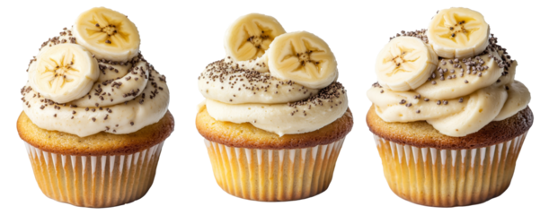 Delicious banana cupcake topped with cream frosting, banana slices, and chocolate flakes isolated on white transparent background, concept of dessert
