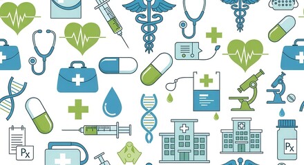Vibrant medical icons create a dynamic healthcare pattern, perfect for modern medical marketing and health awareness campaigns