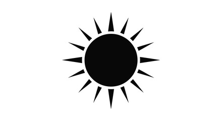 A striking black silhouette of an oval sun with sharp pointed rays against a clean white background representing solar energy and celestial bodies silhouette