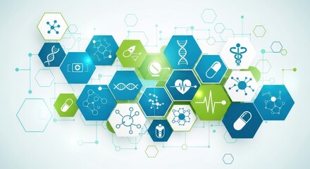 Dynamic healthcare innovation concept featuring DNA, molecules, heartbeats and medical icons within interconnected hexagons