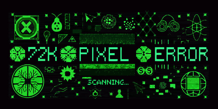 Retro digital glitch screen with pixelated text 72k pixel error and scanning symbols
