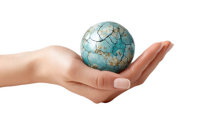 Fragile World: Hand Holding a Cracked Earth Globe on White Background