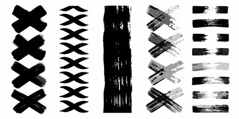 Collection of hand painted brush stroke xs and rectangular shapes in black and gray on white background