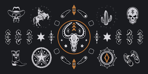 Western cowboy skull boots cactus horse rider and bull skull symbols collection