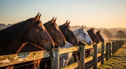 Majestic horses in a row at dawn, bathed in warm golden sunlight, evoke a sense of peaceful rural tranquility and natural beauty.