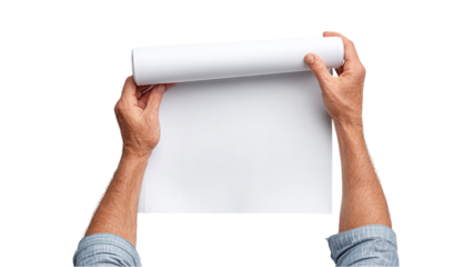 Hands Unrolling Blank White Paper Roll on White Background, Revealing Empty Space for Text or Design, Top Down Perspective, Plain, Clean, Simple