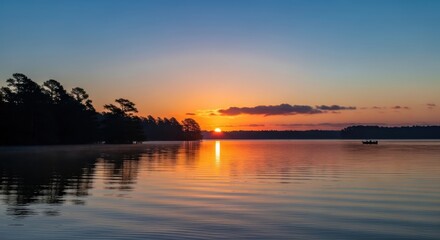 Stunning sunrise paints the sky with vibrant hues over a serene lake, reflecting a lone boat on tranquil waters, inspiring peaceful morning adventures.