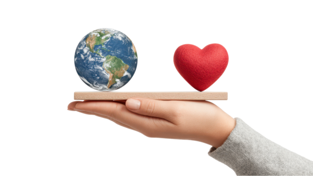 Hand Balancing Earth and Heart on Scale - Love and Planet Concept - Powered by Adobe