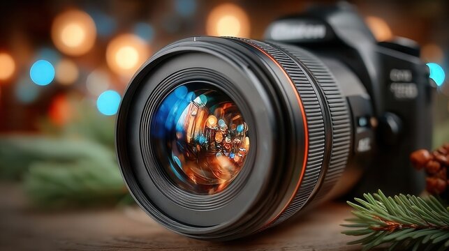 Professional camera lens reflecting holiday lights and pine, perfect for photography blogs, gear reviews, or festive season promotions