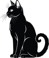 Black cat silhouette, curled tail, elegant feline design, artistic vector drawing, minimalist animal illustration, modern pet artwork, stylish graphic element