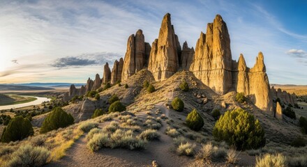 Golden hour illuminates dramatic hoodoo rock formations and a winding river valley under a vast blue sky