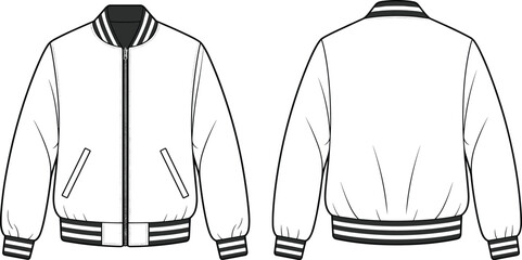 Bomber jacket fashion illustration, men’s outerwear design sketch, stylish garment outline, apparel technical drawing, clothing construction detail, cad drawing flat vector illustration