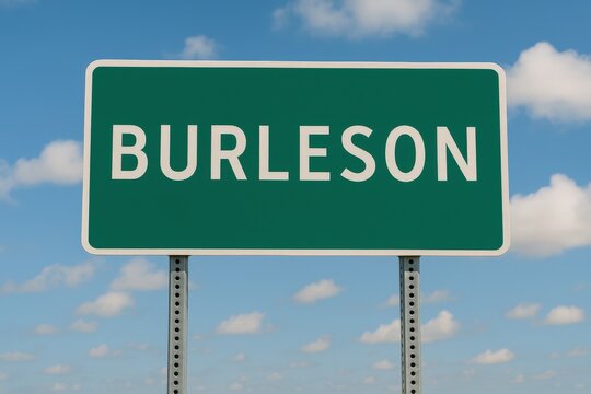 Burleson city sign with cloud-filled sky