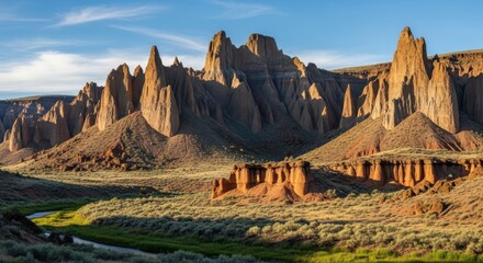 Dramatic sunlit desert canyon landscape with winding river and towering rock spires under a clear blue sky