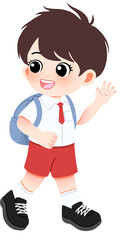 Delightful cartoon illustration of a young primary school boy, joyfully waving while wearing a crisp uniform and carrying a blue backpack, ready for new academic adventures