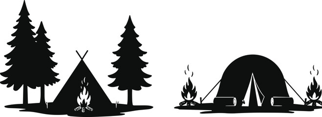 Camping scene silhouettes with triangular and dome tents, campfires and pine trees, outdoor adventure vector art, cad drawing flat vector illustration © Mahathir Mohammad