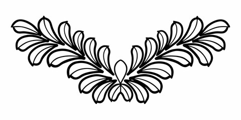Vector symmetrical floral design with stylized leaves arranged in a v shape, outlined in black ink style