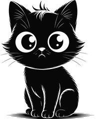 Cartoon black cat illustration, minimalist sitting feline with big eyes, cute pet artwork, whimsical animal design, vector drawing background