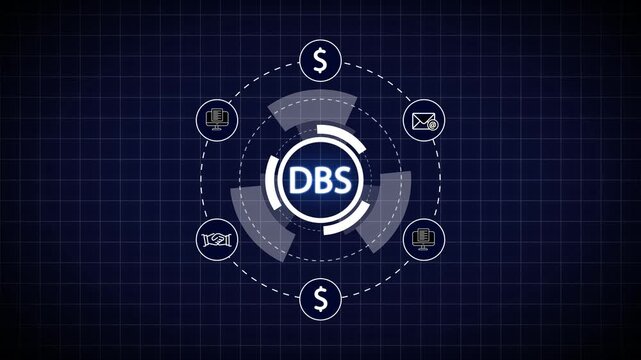 DBS Acronym in Futuristic Digital Interface with Icons on Dark Blue Grid Background Keywords: DBS, acronym, digital, interface, futuristic, technology, data, bank, service, innovation, concept