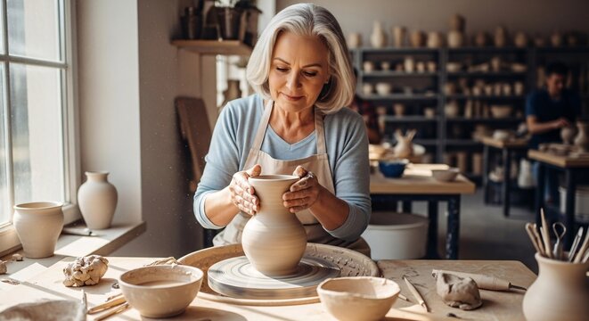Elegant mature woman creating pottery in bright studio, shaping vase with skill and care, fulfilling passion - Powered by Adobe