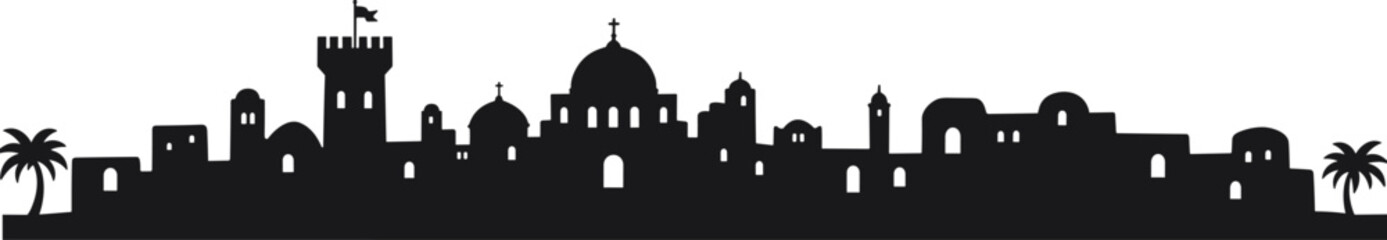 Cityscape silhouette with domes and towers, historical architecture vector art, cultural landmark illustration, palm trees framing skyline, cad drawing flat vector illustration