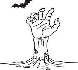 Spooky halloween illustration of a zombie hand emerging from the ground with a bat flying overhead isolated on white background.