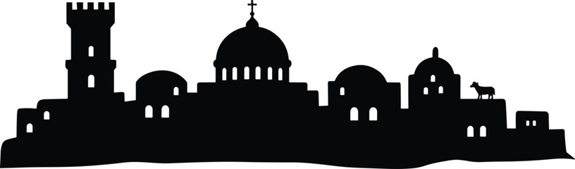 Cityscape silhouette with domes towers and arches, historical religious skyline vector art, cultural landmark illustration, cad drawing flat vector illustration