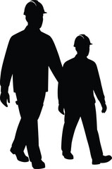 Construction worker silhouettes adult and child walking with hard hats, mentorship labor vector art, industrial safety illustration, cad drawing flat vector illustration