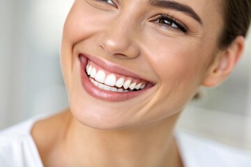 Obraz premium A woman with a bright smile is shown in a white shirt