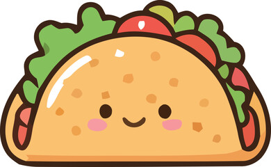 Cute Cartoon Taco with Lettuce Tomatoes and a Smiling Face