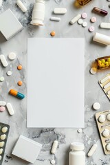 Innovative pharmacy mockup for promotional design or advertisement. Top view. Flat lay. Template, mock-up for pharmacy, drugstore, cosmetics store. Vertical banner. Copy space. White poster in farmacy
