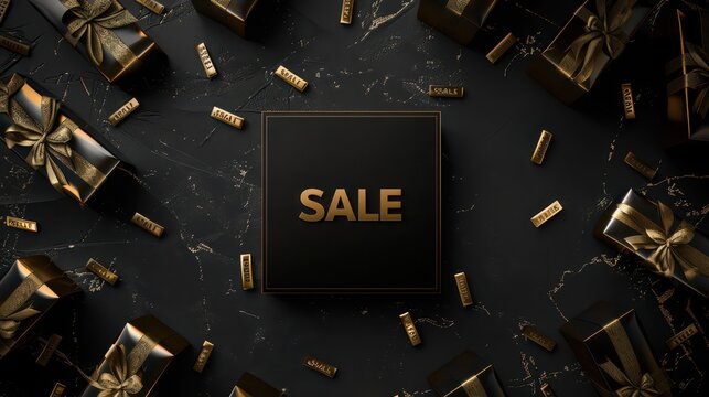 Black friday cyber monday seasonal sale background with elegant gold gift boxes