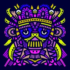 A neon colorful geometric line drawing of a monster mask or head full of details and intricate patterns on a dark blue background.