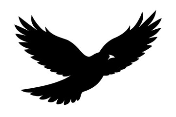 Obraz premium A striking black silhouette of a bird with outstretched wings in mid flight isolated on a clean white background symbolizing freedom and movement silhouette isolated on white background