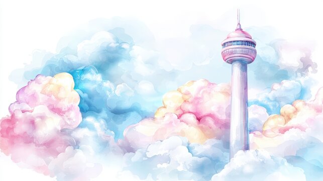A minimalist tower design with a soft, dreamy cloudscape, ideal for advertising.