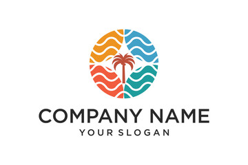 Tropical Palm Tree Logo with Colorful Waves in Circular Design for Travel and Resort Branding