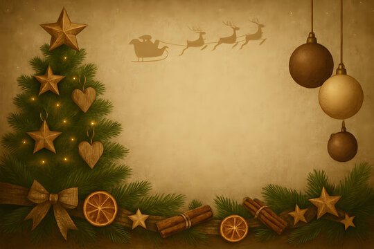 Vintage Christmas background with decorated fir tree, natural elements, hanging ornaments, and Santa's sleigh silhouette on aged parchment. - Powered by Adobe