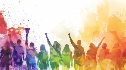 Vibrant celebration of human rights day with colorful unity silhouettes for awareness campaigns. Horizontal banner.Copy space. Justice for all, fight for equality. Watercolor illustration