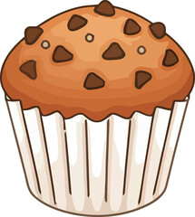 Cartoon Chocolate Chip Muffin in White Paper Cup Isolated on White