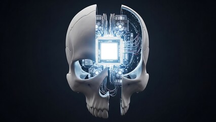 Conceptual illustration of a skull with a computer chip in a dark background