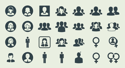A diverse collection of flat, monochrome icons depicting individuals, groups, user profiles, and gender symbols.