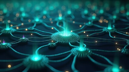 Abstract illustration featuring interconnected, luminous nodes resembling a network, exhibiting a futuristic aesthetic with a cool blue and teal color palette, conveying a sense of technology and...