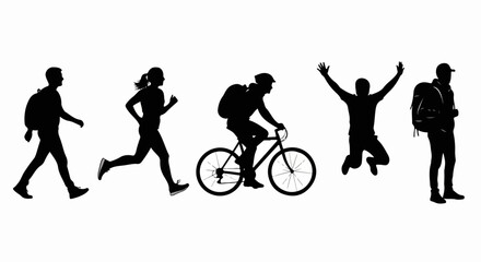 A collection of black silhouettes showing various active lifestyle pursuits like walking, running, cycling and jumping.