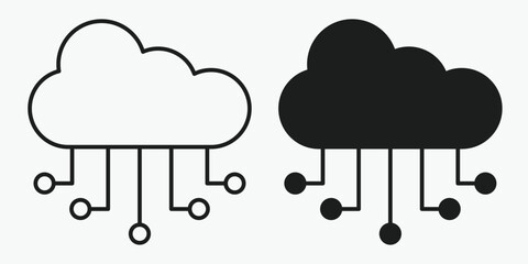Cloud neural network icon in outline and solid style on gray background. Vector illustration symbolizing data processing, digital intelligence, and connected cloud computing technology.