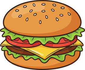 Cartoon Style Hamburger with Lettuce Tomato Cheese and Sesame Seed Bun
