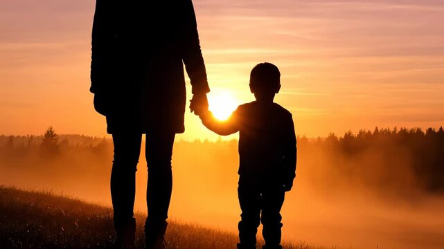 Parent and child hold hands at sunset showing love and family this is a very warm and hopeful moment this is a very beautiful and peaceful nature scene this is a great bond