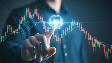 AI technology in finance, businessman touching glowing AI chip with digital stock market chart - Powered by Adobe