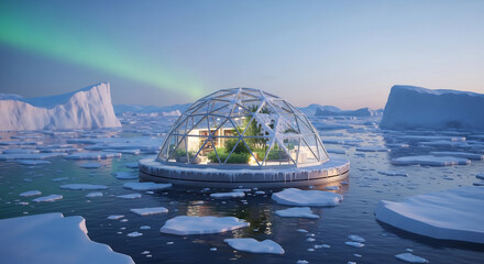 Futuristic arctic dome habitat with plants, surrounded by icebergs. Ideal for sustainability concepts, climate change visuals, environmental awareness campaigns, and future technologies.