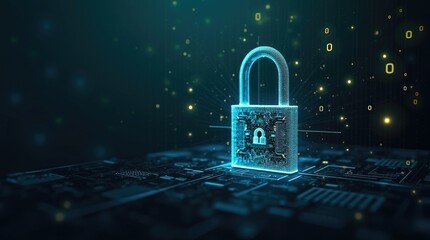 Digital security is showcased through a luminous padlock rendered in a vibrant blue hue, superimposed onto a circuit board background with scattered yellow particles, indicating a secure digital...